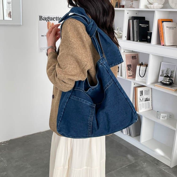 Denim Bow Strap Tote Bag Women