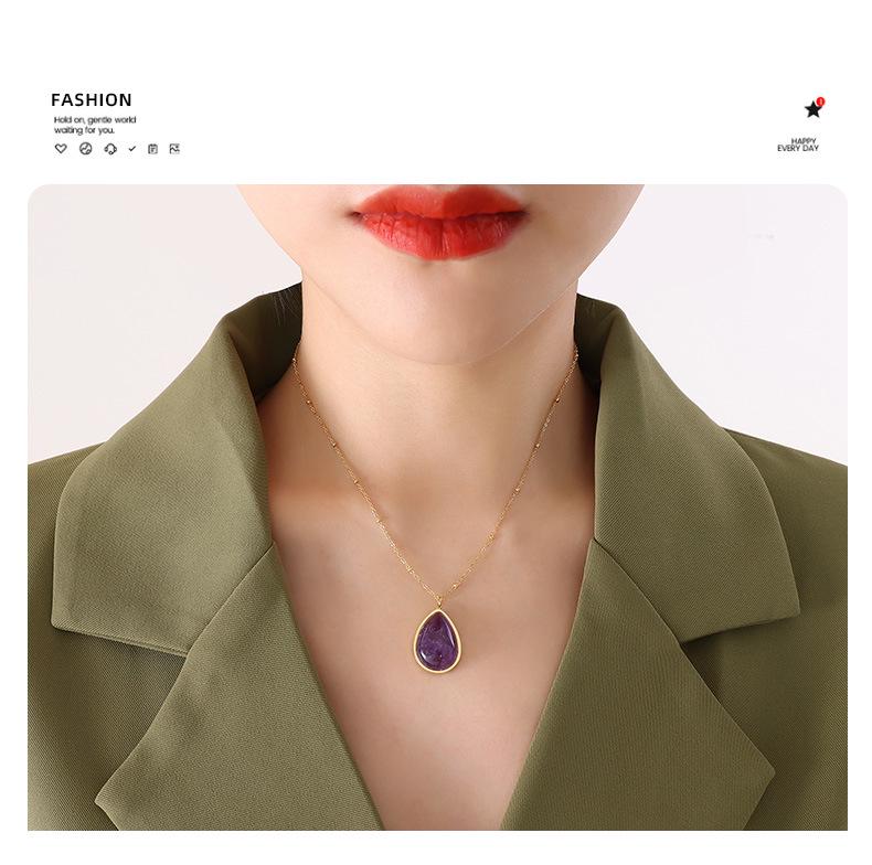 Korean Style Teardrop Oval Pendant Necklace, Natural Raw Stone, Clavicle Chain, Gold-Plated Titanium Steel