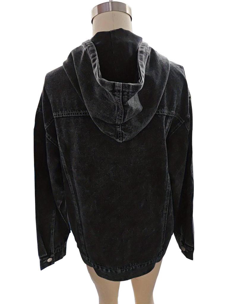 Women's Retro Black Hooded Denim Jacket - Early Spring Fashion for Europe