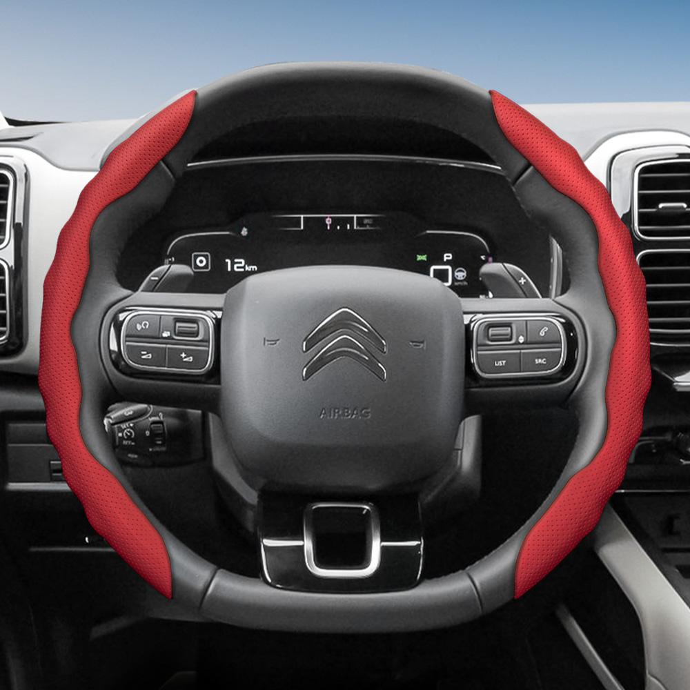 Suitable for Citroen Steering Wheel Cover, Wave-Shaped Sporty Design, Breathable Leather, Segmented Anti-Slip Sweat-Absorbing Steering Wheel