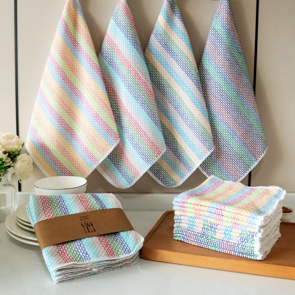 4PCS Multifunctional Striped Pattern Kitchen Towels Breathable Soft Scouring Pads 35x35cm Quick-Drying Kitchen Rag Household Use