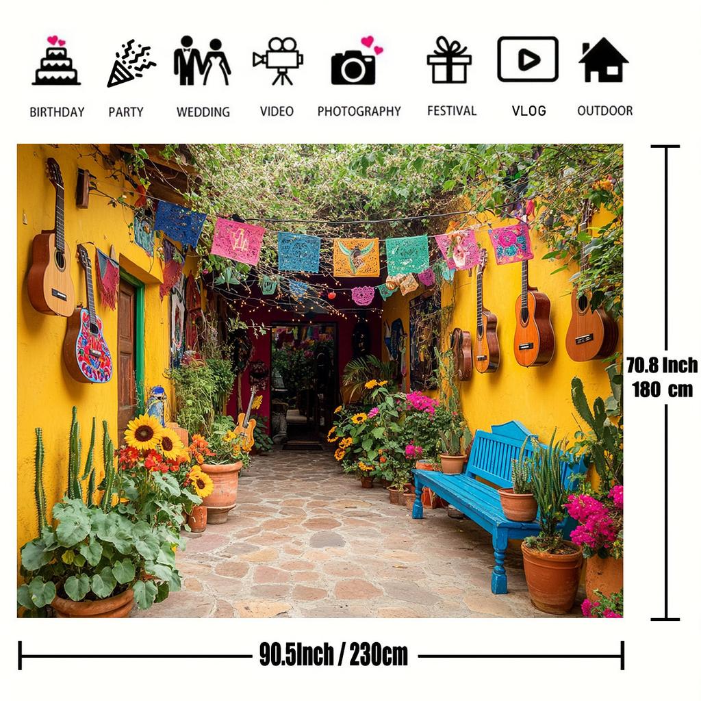 2D flat,1pc Mexican Garden Theme Backdrop with Guitars, Colorful Flags, and Flowers for Photography -No electricity