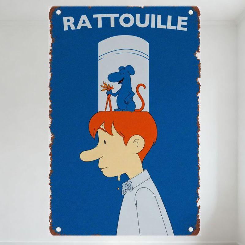 

Vintage Ratouille Metal Tin Sign Rustic Aged Border Blue Background with Rat & Boy Character Retro Movie Poster Style Home Decor 20x30cm（7.8x11.8inch）