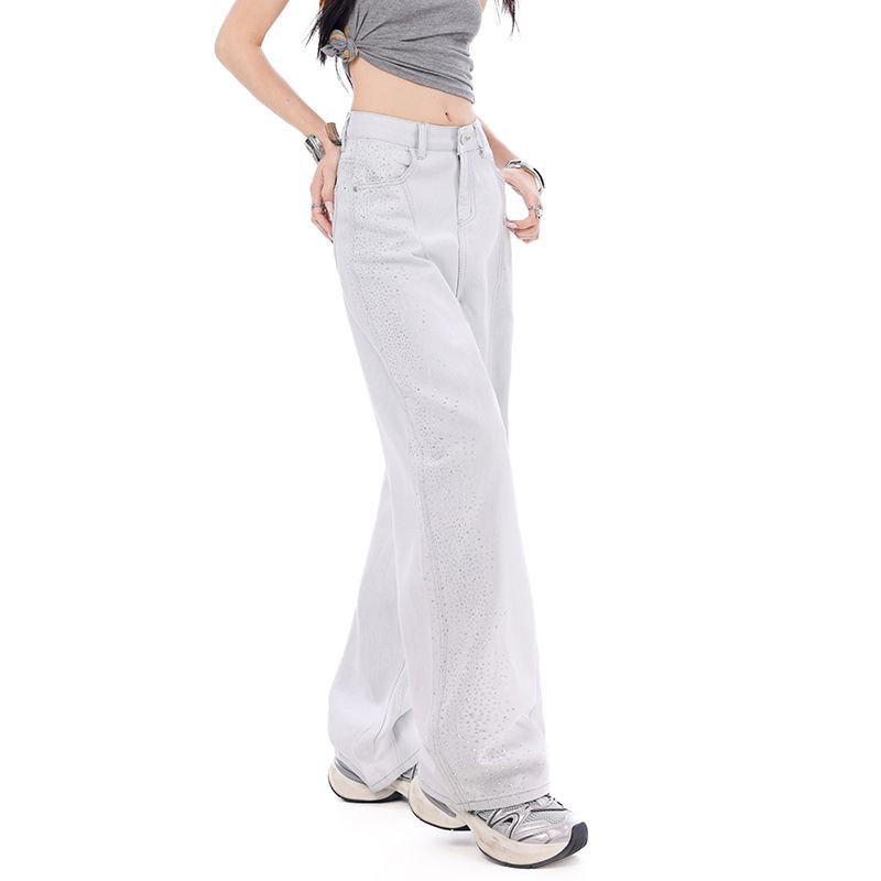 Early Spring Full Star Rhinestone Raised Side Seam Relaxed Floor Wide Leg Denim Pants For Women Casual Pants Oversize Denim Trousers