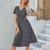 Dame Prikkete Chiffon Midi-kjole Kortermet V-hals Ledig Kjole Bøhmisk Sommer Strand Solkjole med Elastisk Midje