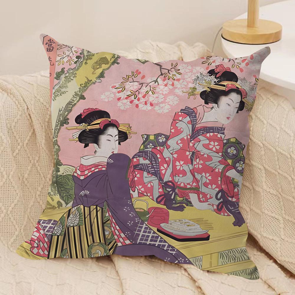 Retro Japanese Geisha Cushion Cover Silky Short Plush Invisible Zipper Dustproof Sofa Pillow Case For Home Decor