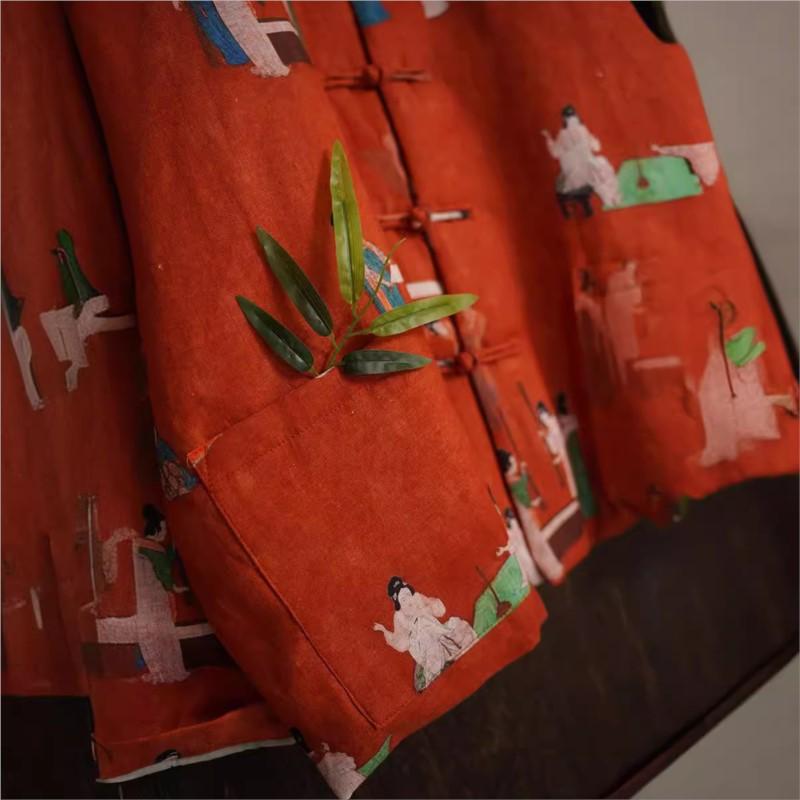 Johnature Women Vintage Stand Long Sleeve Coats Spring Chinese Style Print Floral Button Pockets Coats