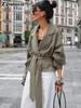 Autumn Vintage Green Casual Loose Waist Tapered Belt Temperament Commute Windbreaker Jacket for Women High-End Feeling