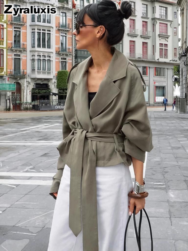 Autumn Vintage Green Casual Loose Waist Tapered Belt Temperament Commute Windbreaker Jacket for Women High-End Feeling