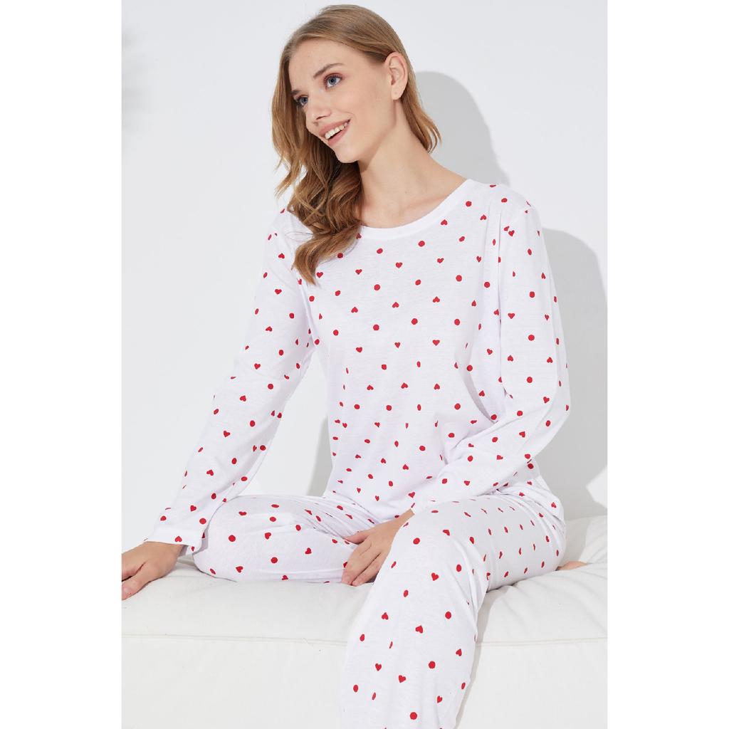 Pink Black Heart And Point Patterned Knitted Pajama Set 7792