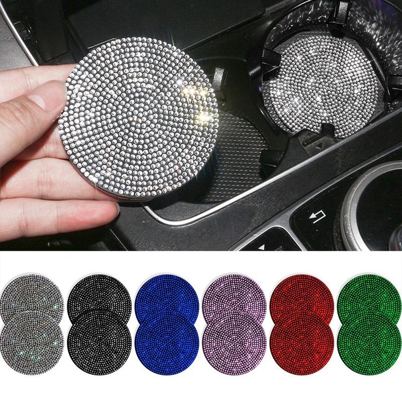 2Pcs Diamond Car Coaster Water Cup Slot Non-Slip Mat Silica Gel Pad Cup Holder Mat Car Gadget Bling Car Accessories for Woman