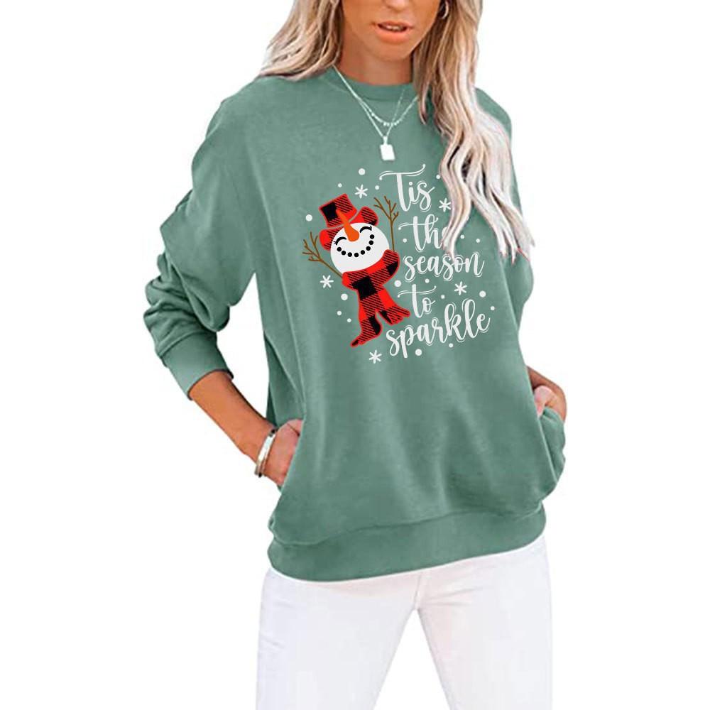 Европейская и американская рождественская женская одежда новый рождественский свитер с круглым вырезом и снеговиком без карманов 3XL зелёный 2450₽