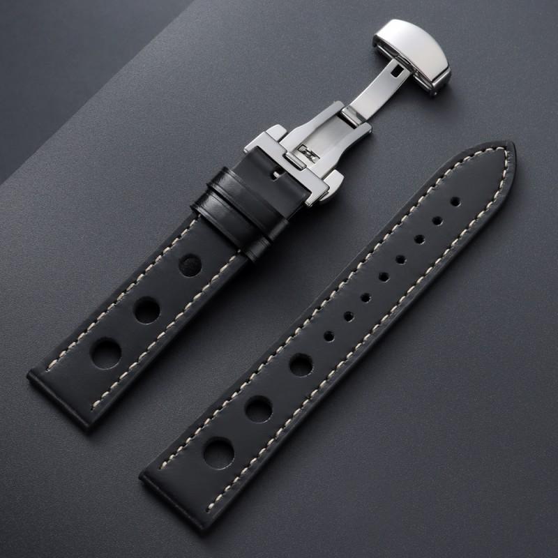 Three-hole Breathable Leather Strap Suitable for Huawei Butterfly Buckle Oil Wax Leather Wrist Strap 20mm22mm 20mm чёрный