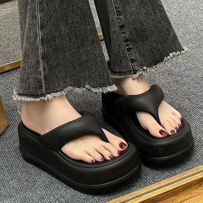 Fashion Rubber Flip Flops High-Heeled Shoes Lady Slippers Flat Platform Slides Hawaiian Massage Soft PU Fabric High-Heeled Shoes Lady