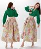 Qooth Summer Floral Skirt Calf Length Stitching Jacquard A Line Skirt Pleated Skirts QT1676