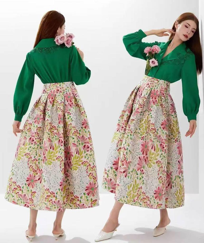 Qooth Summer Floral Skirt Calf Length Stitching Jacquard A Line Skirt Pleated Skirts QT1676
