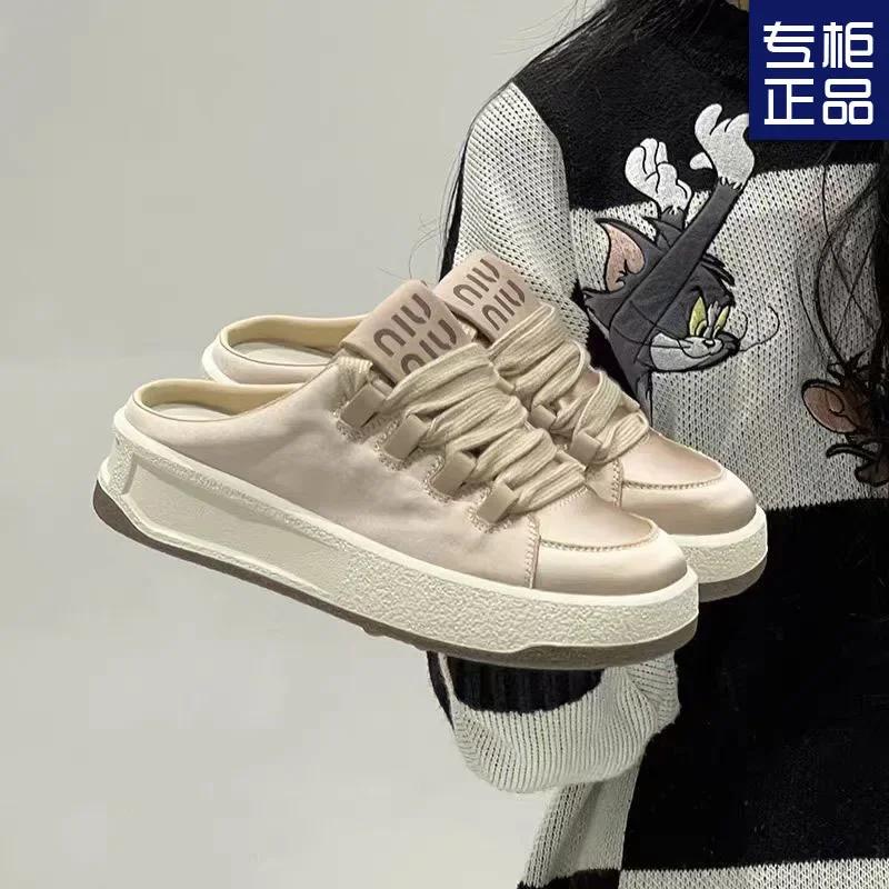 Half Slippers Women 2025 Summer New Round Head Lace-up Casual Small White Shoes Comfortable Shoes
