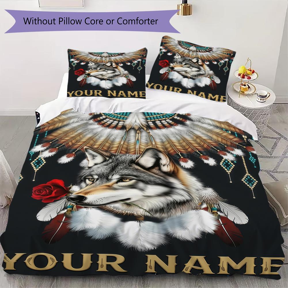 Custom Name Wolf Pack Moonlit Forest Bedding,Quilt Set Quilt Cover Pillowcase Home Birthday Gift(1 * duvet cover + 2 * pillowcase, without core)_lx