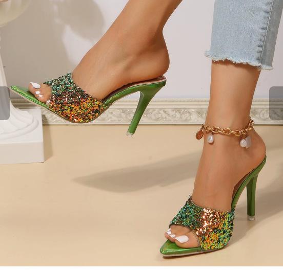 

European and American sandals beach sandals open-toed pointed sequins decorative high heels 43 зелений