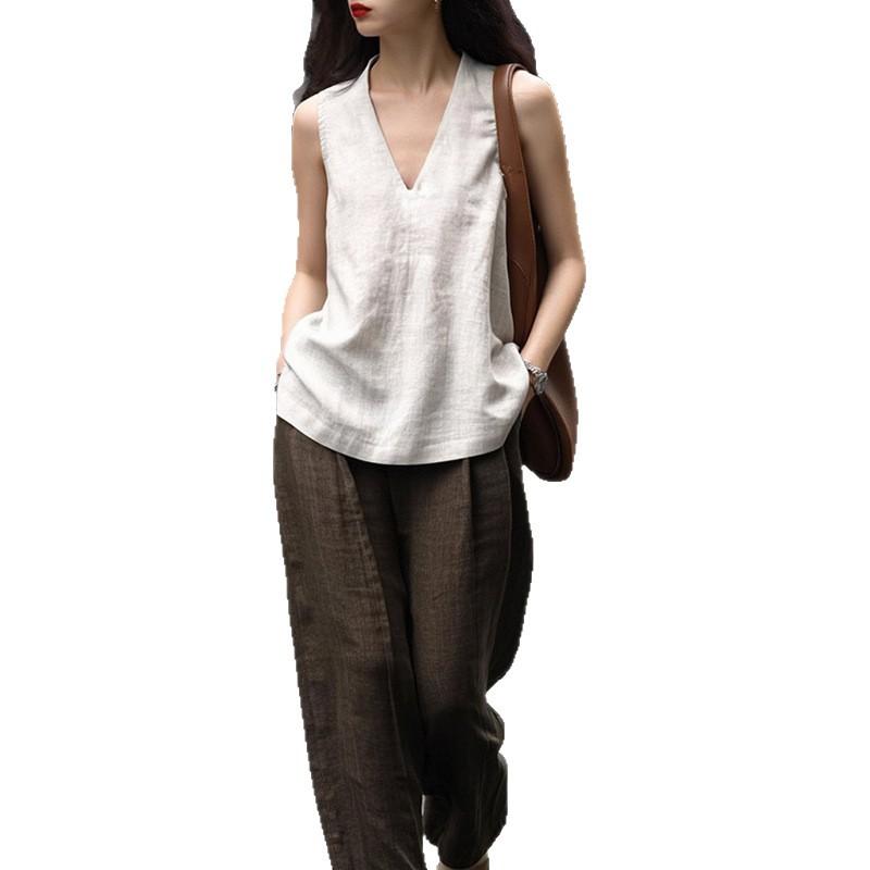 [% Linen] High-end big-name V-neck neck vest women's summer vacation suspender top shirt T-shirt