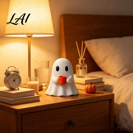 Funny Worker Gift for Coworkers Ghost Drinking Coffee Figurine Cute White Holding Orange Mug Statue Spooky Charming Desktop Figurine Set Halloween