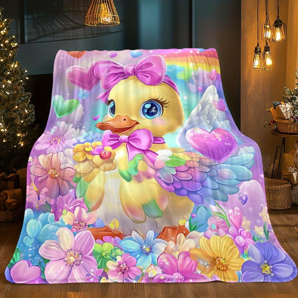 Cute Duck with Wings Bow Hearts Flowers Rainbow Fleece Blanket Magical Animal Print Soft Flannel Throw Kids Bedding Playroom