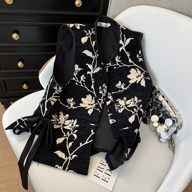 

Ранней весной новый жаккардовый жилет с воротником-стойкой и лацканами, женский ретро высококлассный жилет с принтом, черный XXXL [Recommended 138-75kg] чёрный