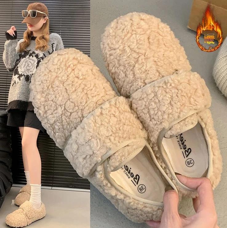 Fashion Luxury Sheep Fur Lined Loafers Women Lambswool Shoes Ladies Winter Slip On Furry Flats Cotton Wool Mocasine Femme Barefoot Boots