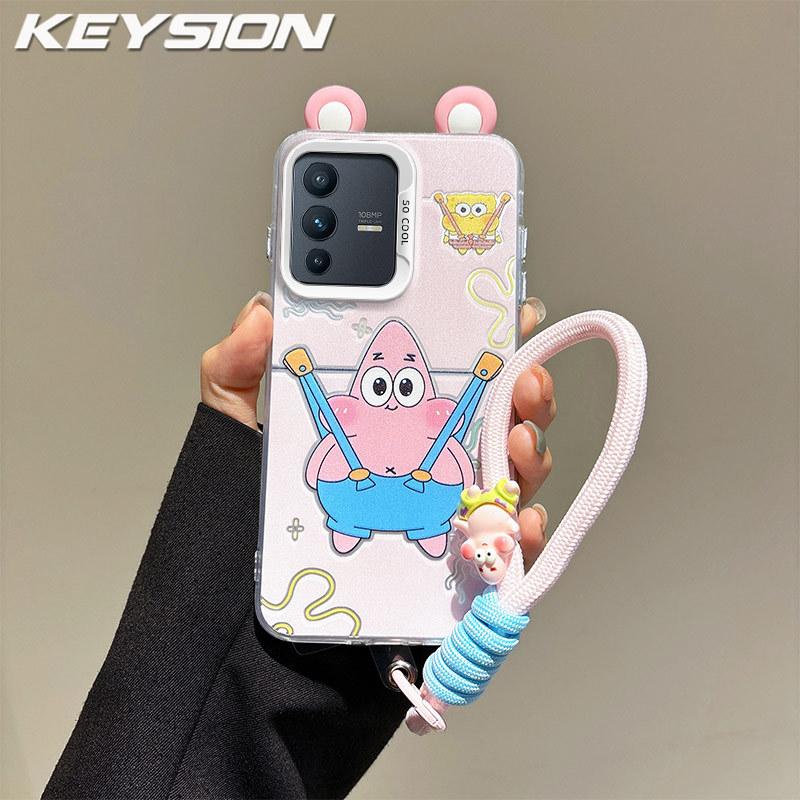 KEYSION Cute Ear Cartoon Case for VIVO V23 5G with Lanyard Soft Silicone+PC Shockproof Phone Back Cover for VIVO V23 5G