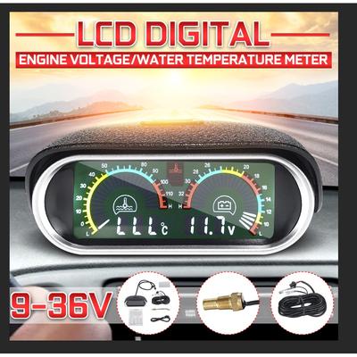 2 In 1 DC9-36V LCD Car Digital Horizontal Gauge Water Temp Gauge Meter Voltmeter Voltage Gauges with Temperature Sensor