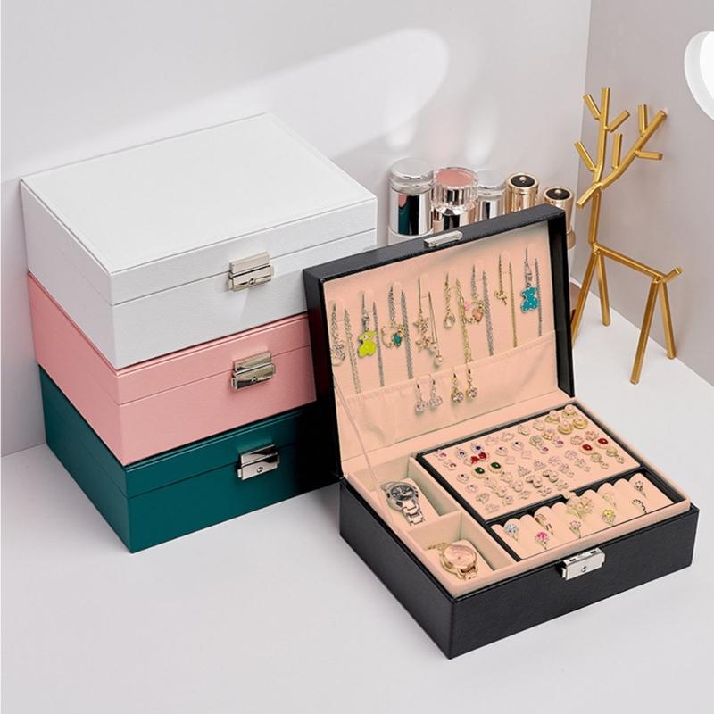Elegantes Schmuckkästchen mit doppelter Schicht, tragbare Aufbewahrungsbox aus PU-Leder, geeignet für Ringe, Ohrringe, Armbänder und Halsketten
