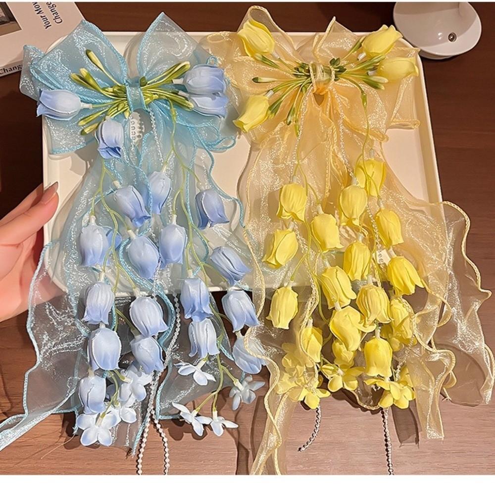 Long Ribbon Bow Hair Clip Bell Orchid Hair Barrettes New Sweet Headband  For Girls