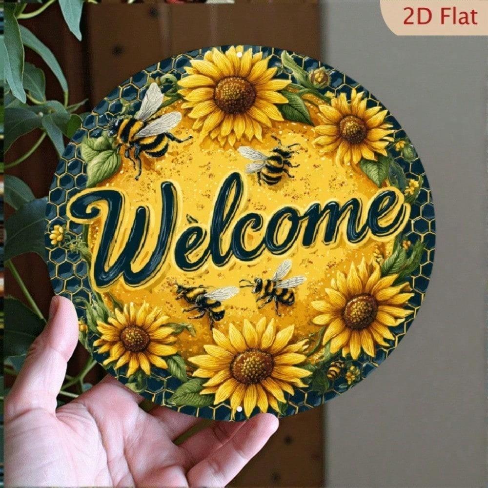 1pc Vintage Metal Welcome Wreath Sign with Bees & Sunflowers, 20cm Round Wall Decor, UV Scratch Resistant