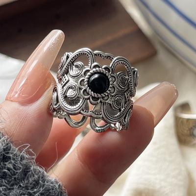 925 Silver Rings For Women Geometric Fine Jewelry Adjustable Simple Wide Black Stone Retro Ring For Party Birthday Gift