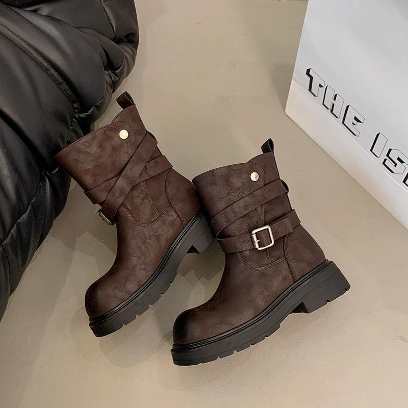 

1918 Cool burst short high boots women s belt buckle decorative front zipper round head thick heel medium heel all-season women s boots 39 коричневый