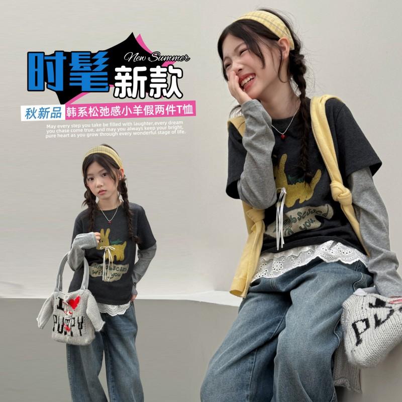 Girl Base Layer Shirt Spliced Fake 2-Piece Long Sleeve T-Shirt Slim Fit Stretch Inner Top Kids