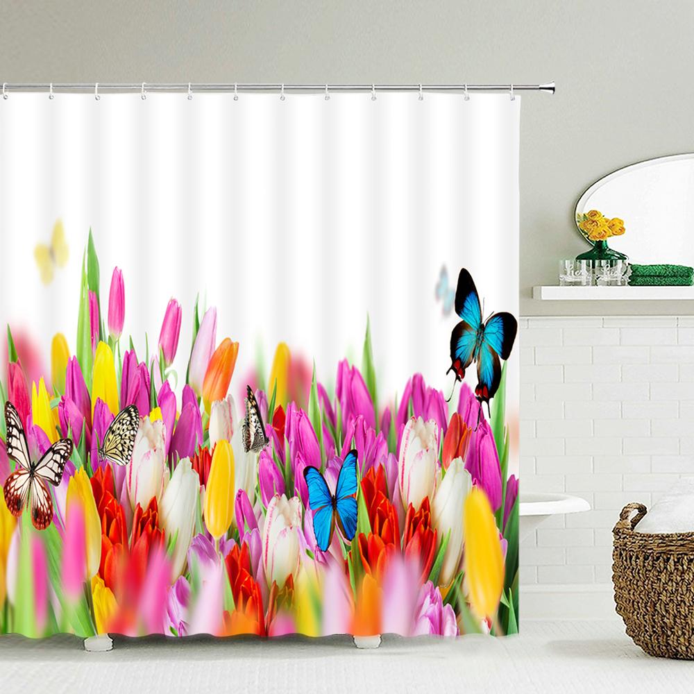 

Tulip Rose Fresh Flowers Shower Curtains Waterproof Polyester Fabric 3D Printed Bathroom Screen Home Decoration Shower Curtain W90xH180cm