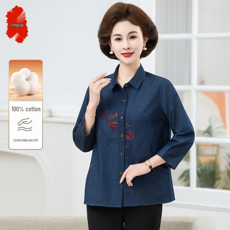 Women s Embroidered Denim 3/4 Sleeve Cotton Shirt 3XL
