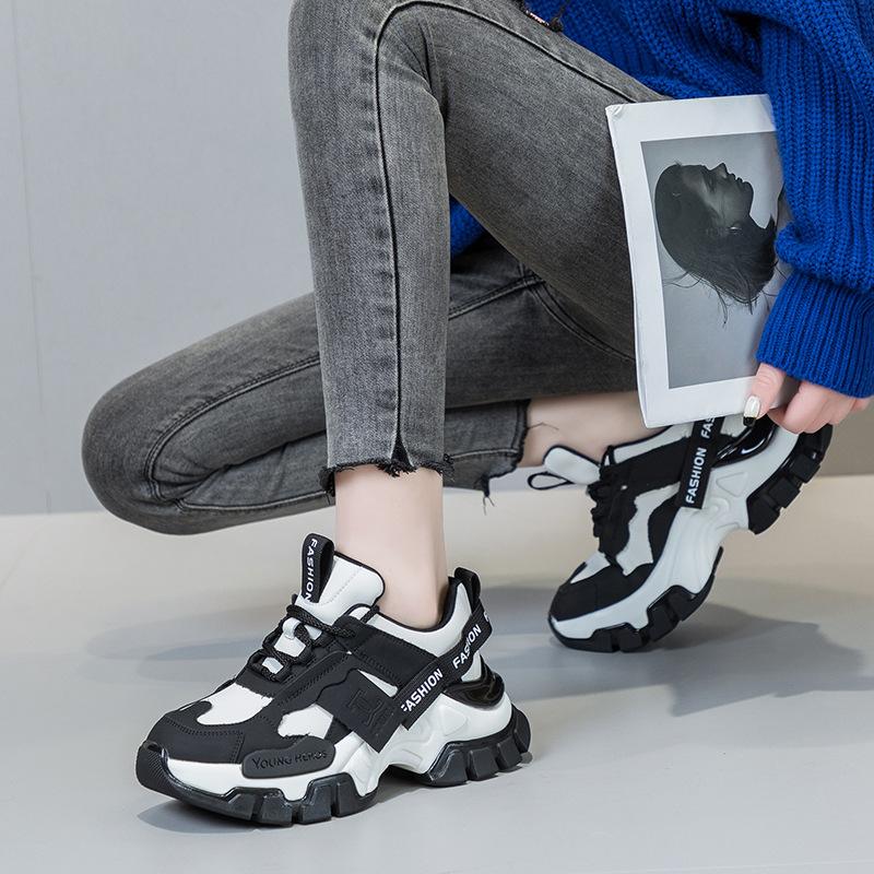 Sneakers women's leather suction film sole new spring platform shoes heightened versatile niche fashion dad shoes