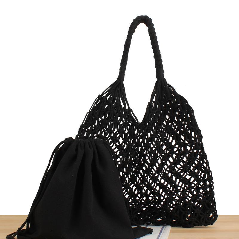

Summer Net Beach Bag For Women Cotton Rope Knitted Bucket Shoulder Bags Reticulate Hollow Out Travel Shopper Totes Lady Handbags чёрный
