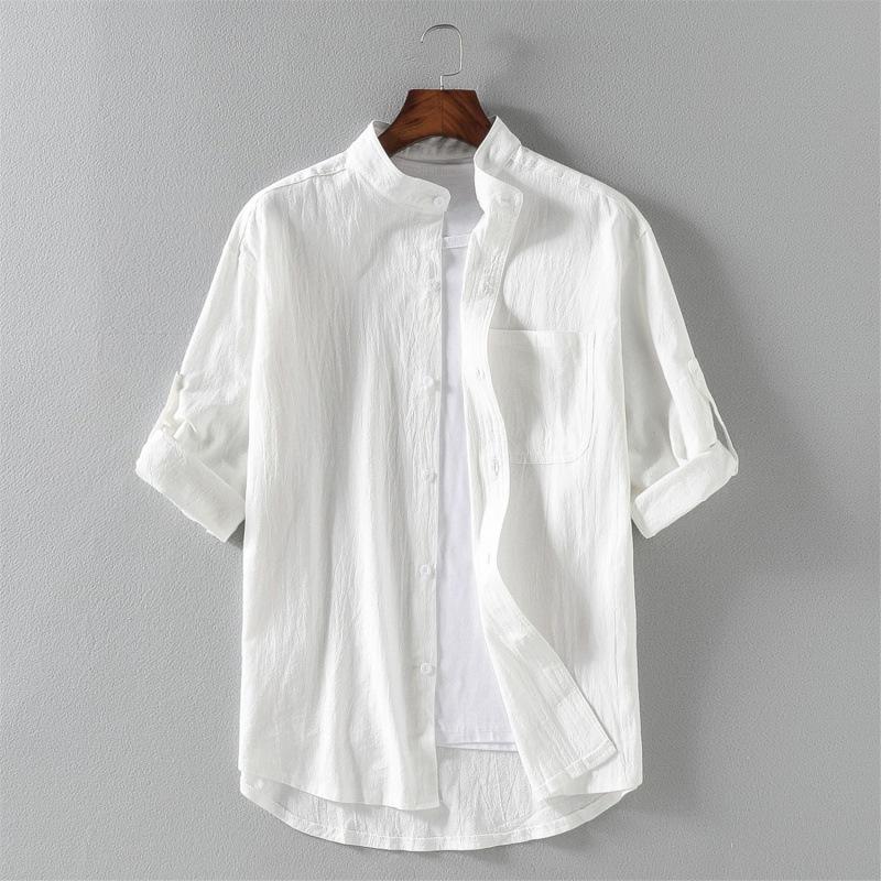 Men's Summer Stand-up Collar Linen Five-minute Sleeve Shirt Large Size Solid Color Loose Casual Tops