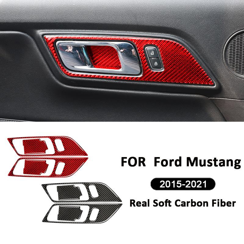 Carbon Fiber Car Inner Door Handle Panel Bowl Cover Trim Kits Interior Decoration Sticker For Ford Mustang 2015- Accessories