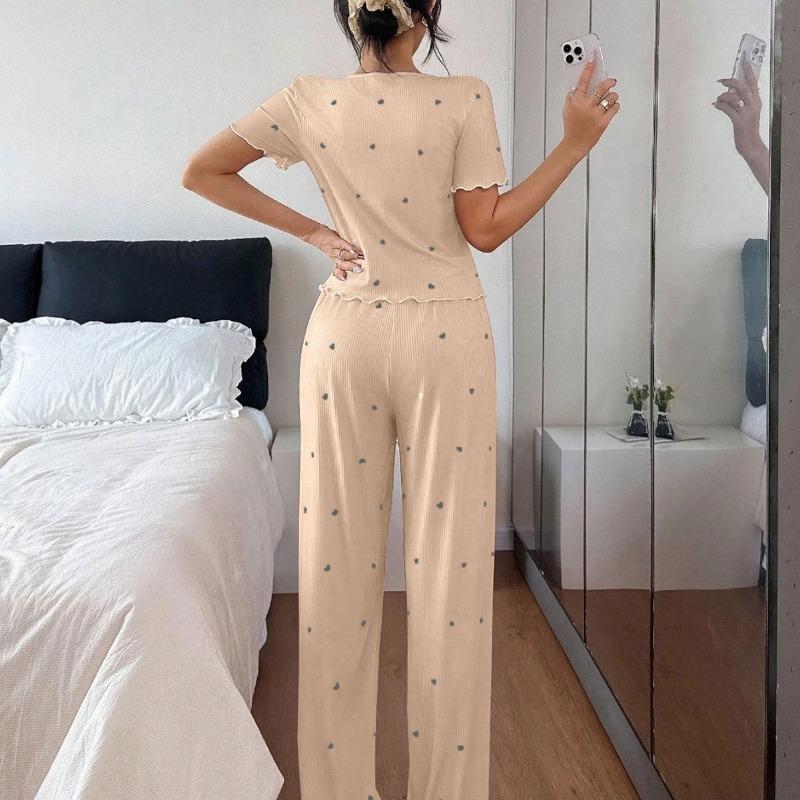 Women Short Sleeve Heart Print Ribbed Long Pants Pajama Set Casual Home Sleepwear