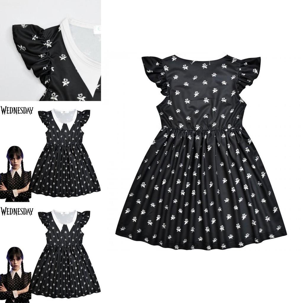 Kids The Addams Family Wednesday Cosplay Costume Soft Black Milk Silk Dress