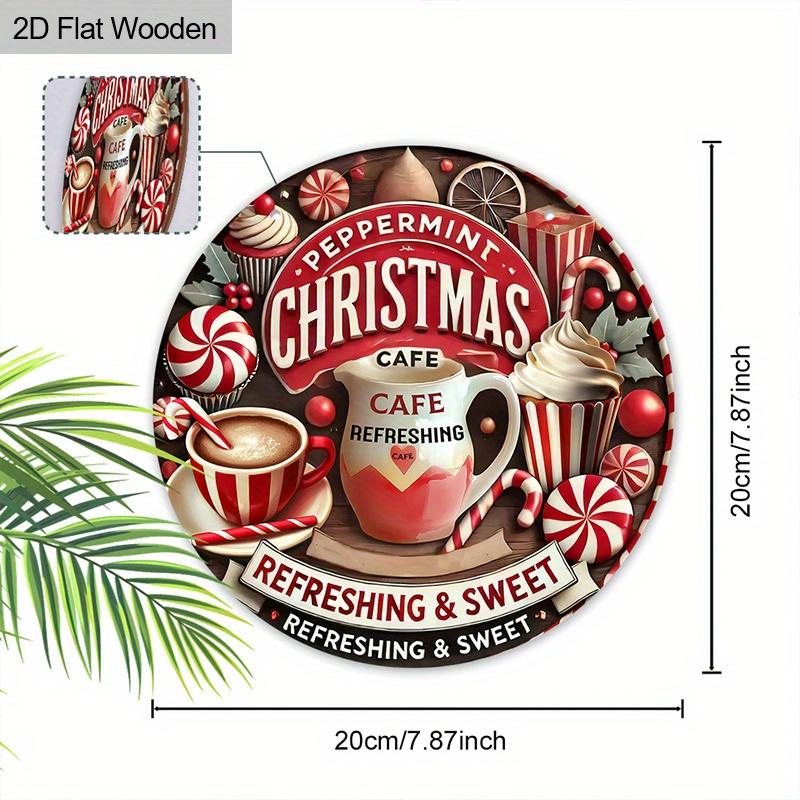 2D Flat 1pc Christmas Hot Drinks Wooden Sign Decoration, Round Embossed Effect Front Door Wall Decoration, Suitable for Home Office Decoration