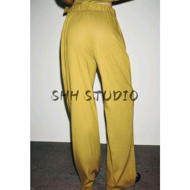 Flip Collar Short Sleeve Linen Blend Bow Tie Shirt 8138389 High Waist Straight-leg Casual Pants 8632389