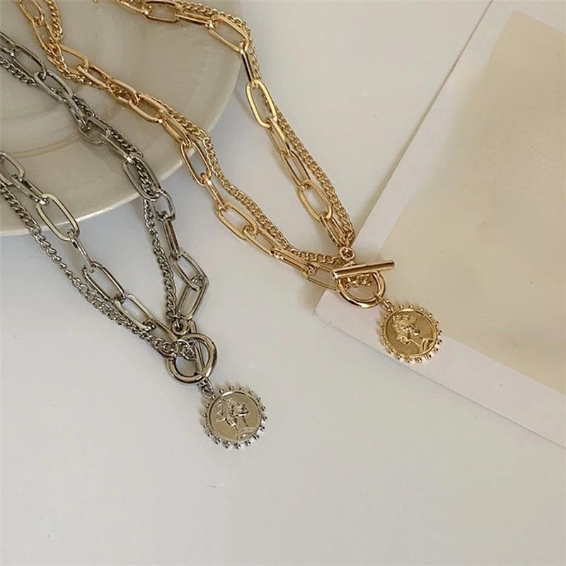 Retro Double-layer Minimalist Necklace Personalized Beauty Head TO Buckle Collarbone Necklace Women's PunkStyle Necklace Jewelry