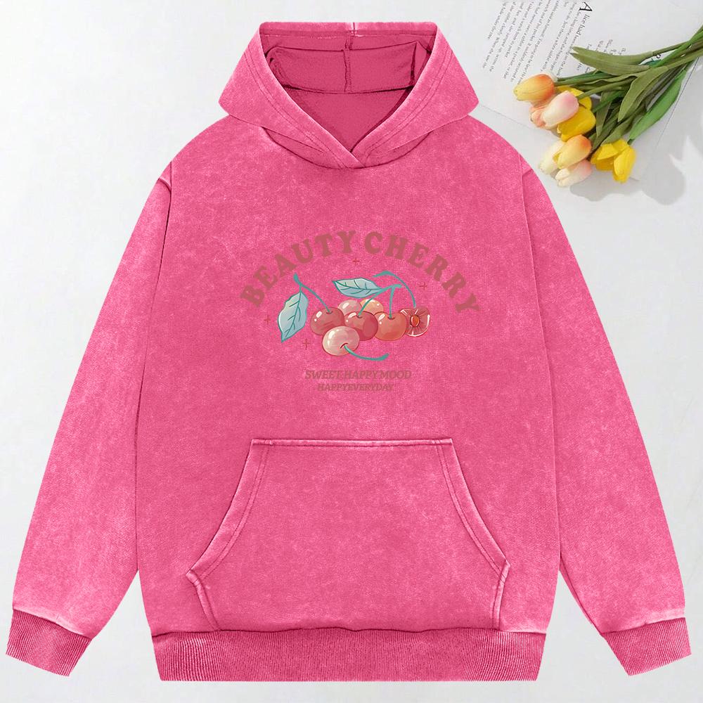 Beauty Cherry Art Letter Print Washed Hoody All-Match Oversized Hoodies Cotton Sportswear Couple Women Clothing