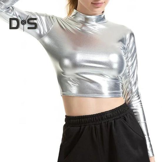 Women Club Top Half High Collar Glossy Surface Skinny Waist Exposed Solid Color Pullover Soft Breathable Lady Pole Dance Performance Party Crop Top