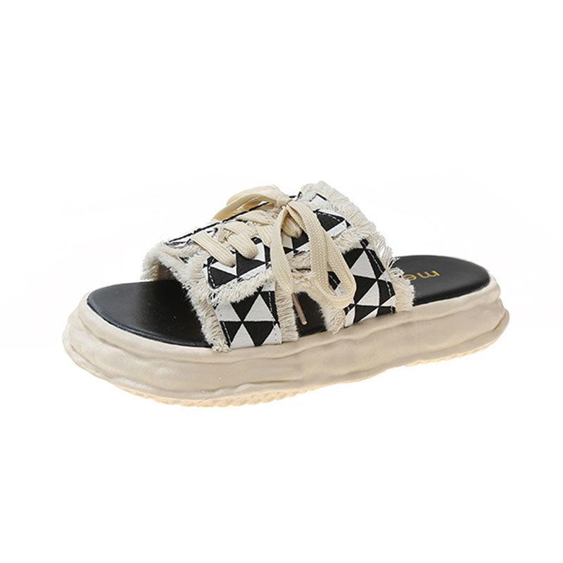 Xiaoxiangfeng Lace-up Slippers for Women In the Summer of 2025, New Models for Outer Wear, Fashionable and Versatile Thick-bottomed Non-slip Casual Co